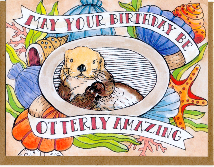 Birthday card with an otter illustration and colorful sea-themed border.