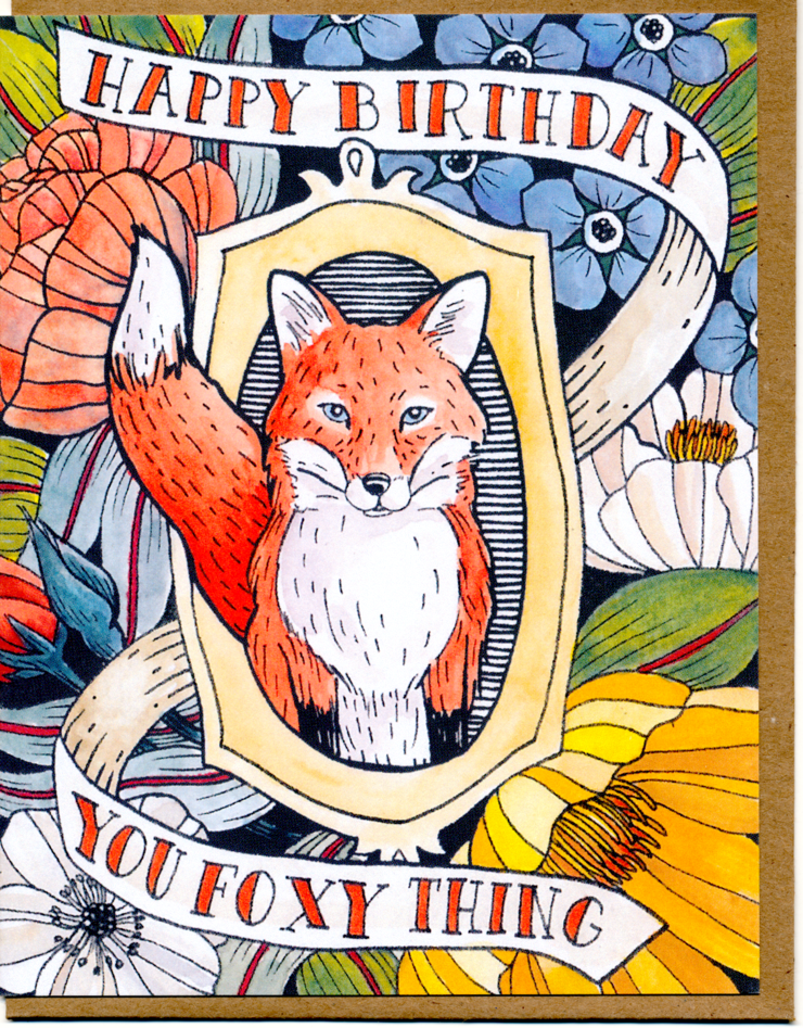 Birthday card with a fox illustration and floral elements