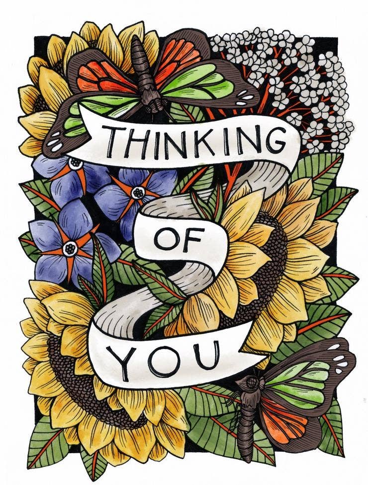 Decorative design with flowers, butterflies, and 'Thinking of You' text