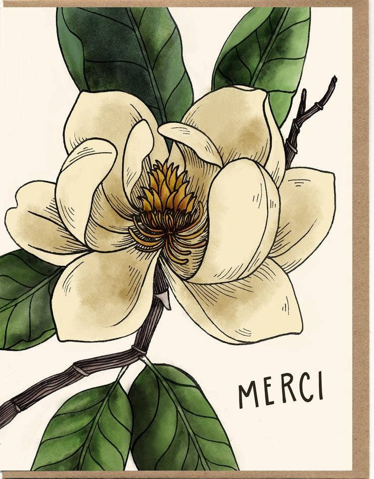 Illustration of a floral design with 'MERCI' text on a beige background