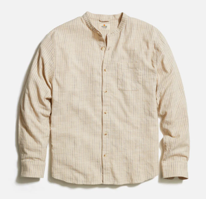 Banded Collar Stretch Selvage Shirt - Khaki/Navy Stripe