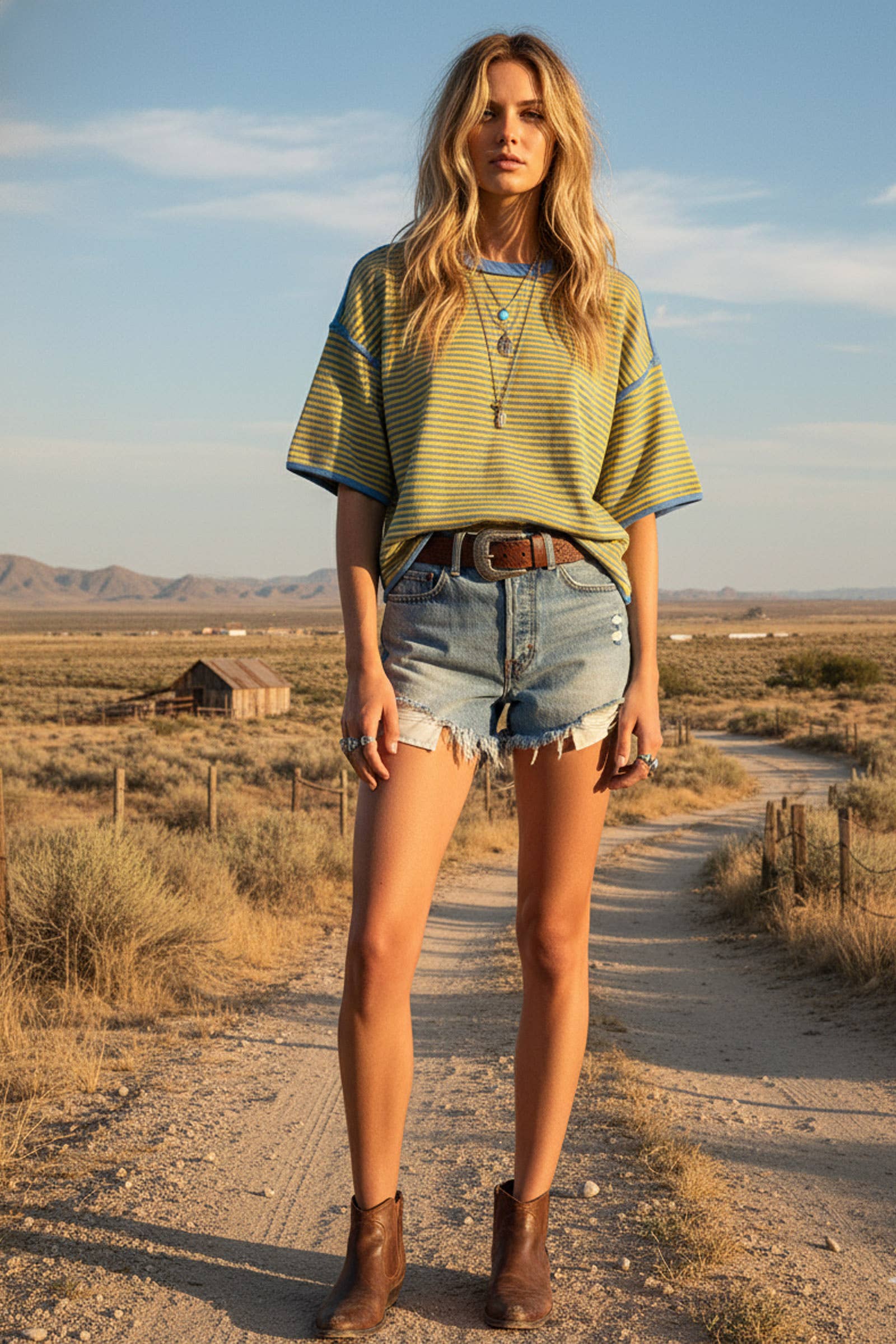 Woman standing on a dirt road in a desert landscape wearing a green and yellow striped shirt, denim shorts, and brown boots.