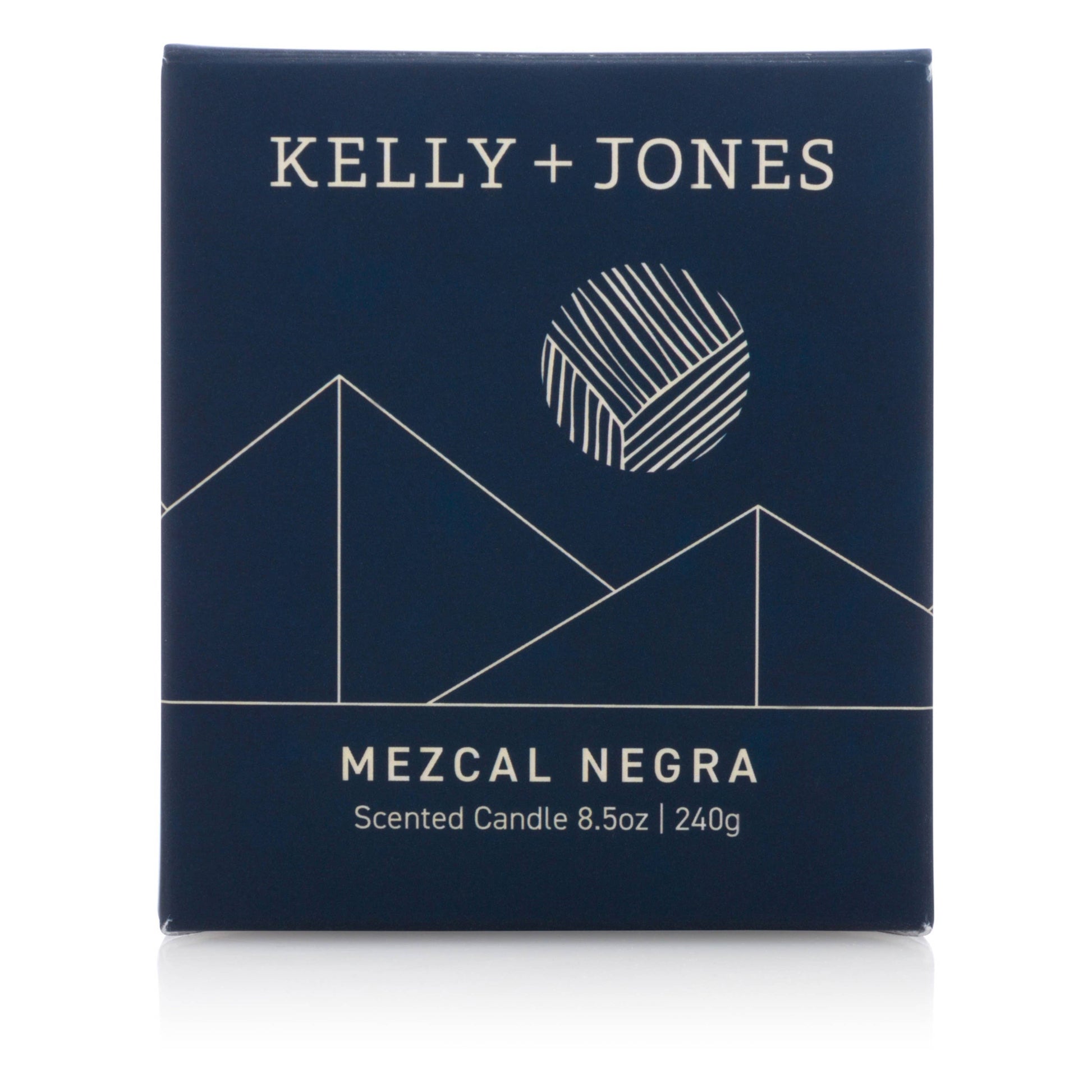 Kelly + Jones Mezcal Negra scented candle packaging on a white background