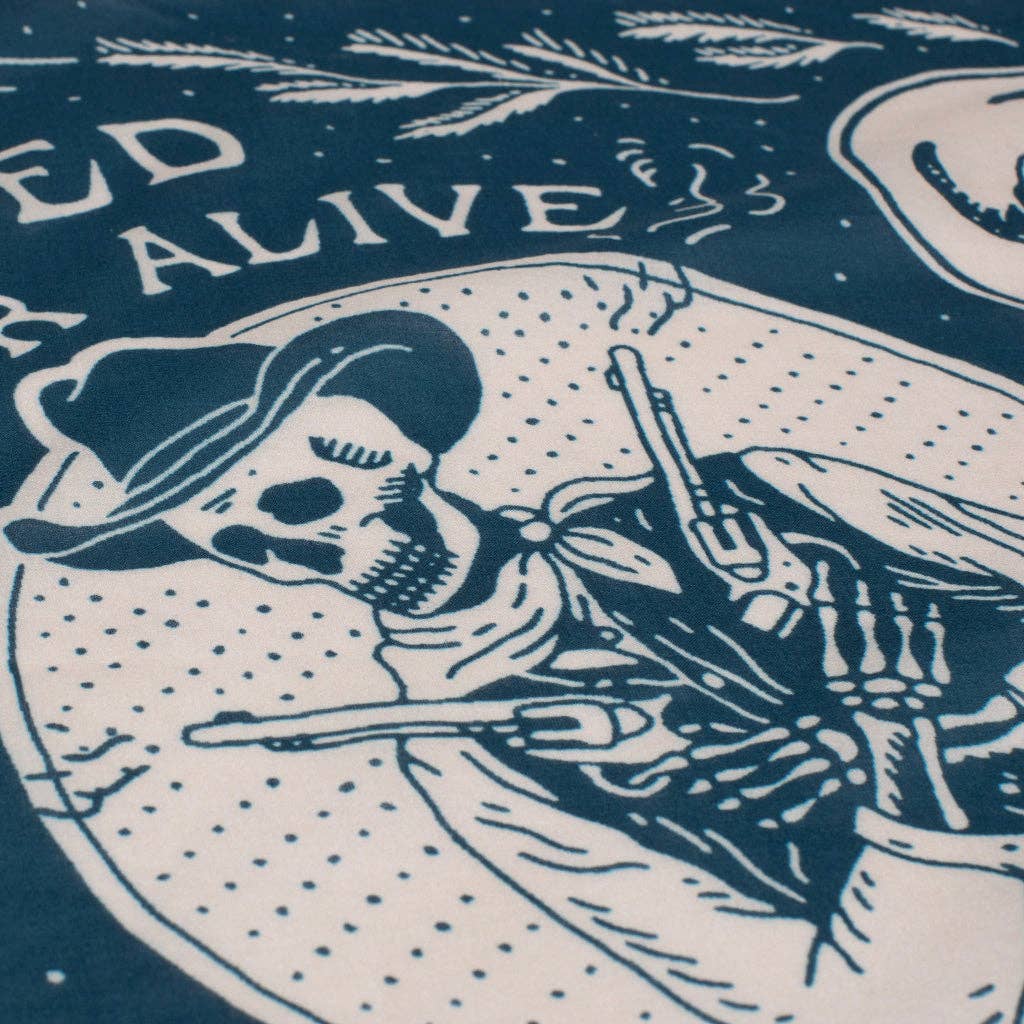 Skeleton with hat and smoking gun on a blue background with text