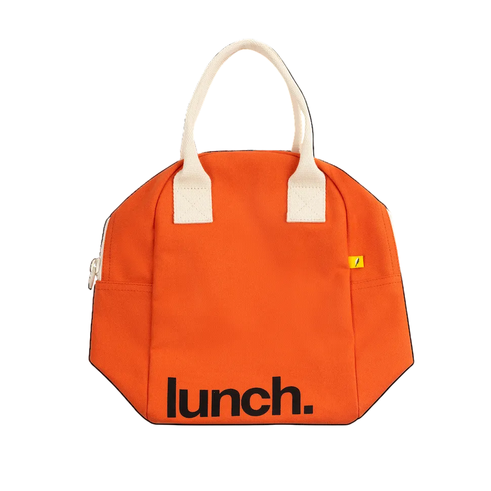 Orange lunch bag with 'lunch.' text on a white background