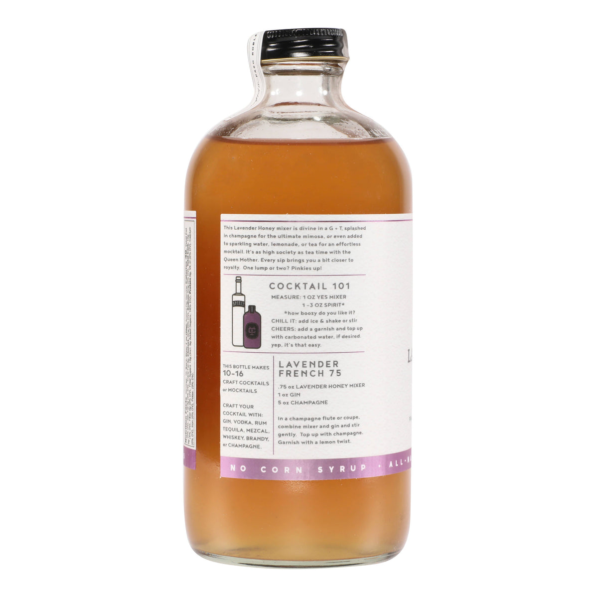 Bottle of lavender syrup with a label on a white background