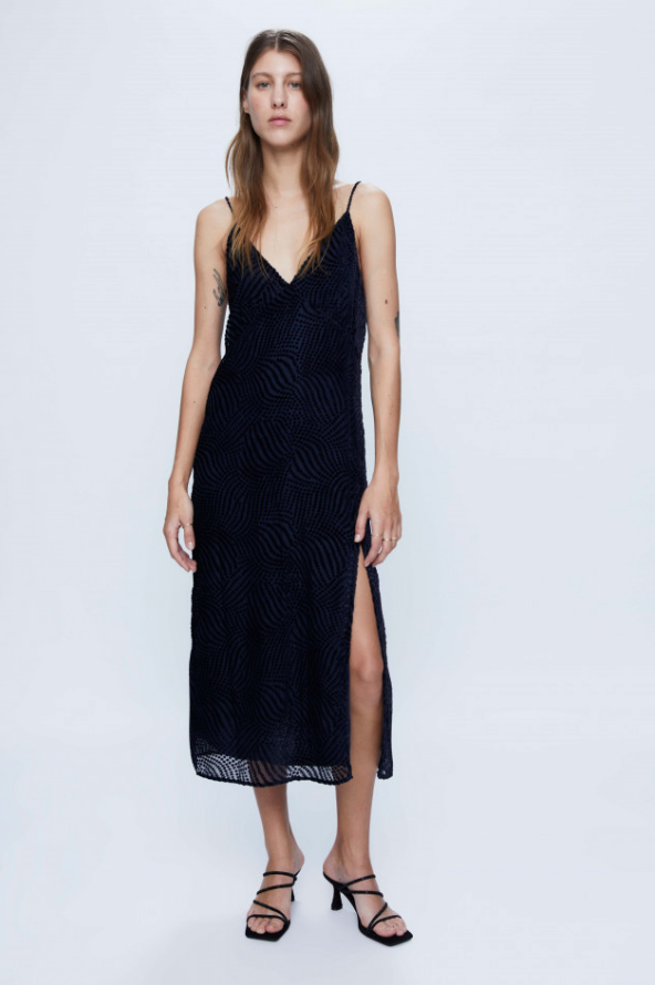 Devoré Velvet Midi Slip Dress - Navy Blue