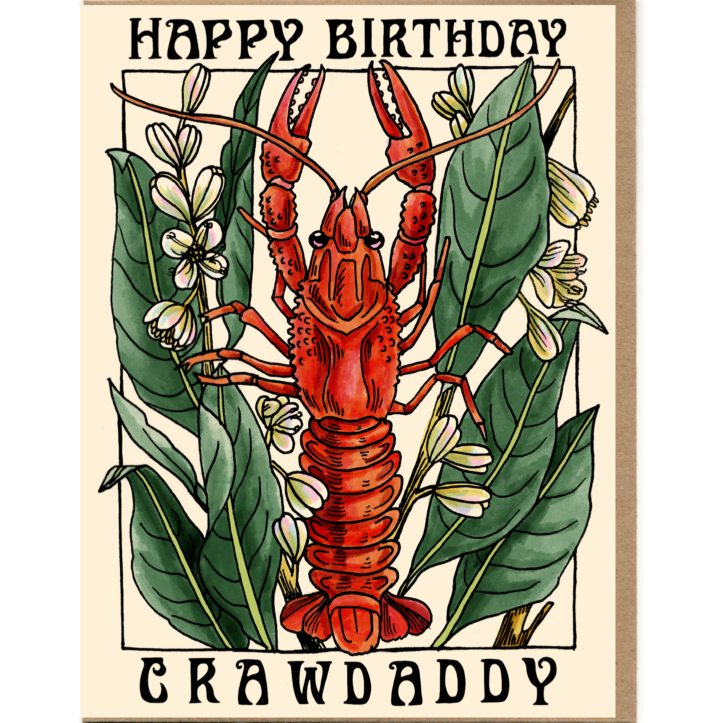 Birthday card with a red crawfish illustration and floral elements on a beige background.