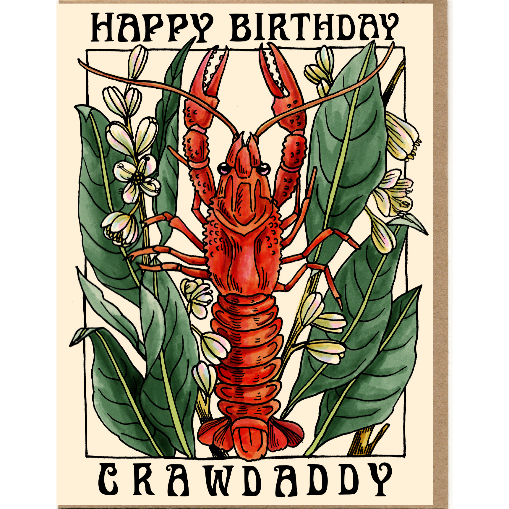 Birthday card with a red crawfish illustration and floral elements on a beige background.