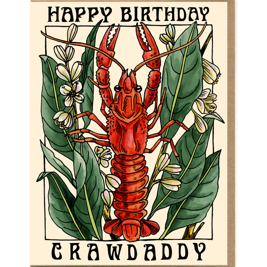 Birthday card with a red crawfish illustration and floral elements on a beige background.