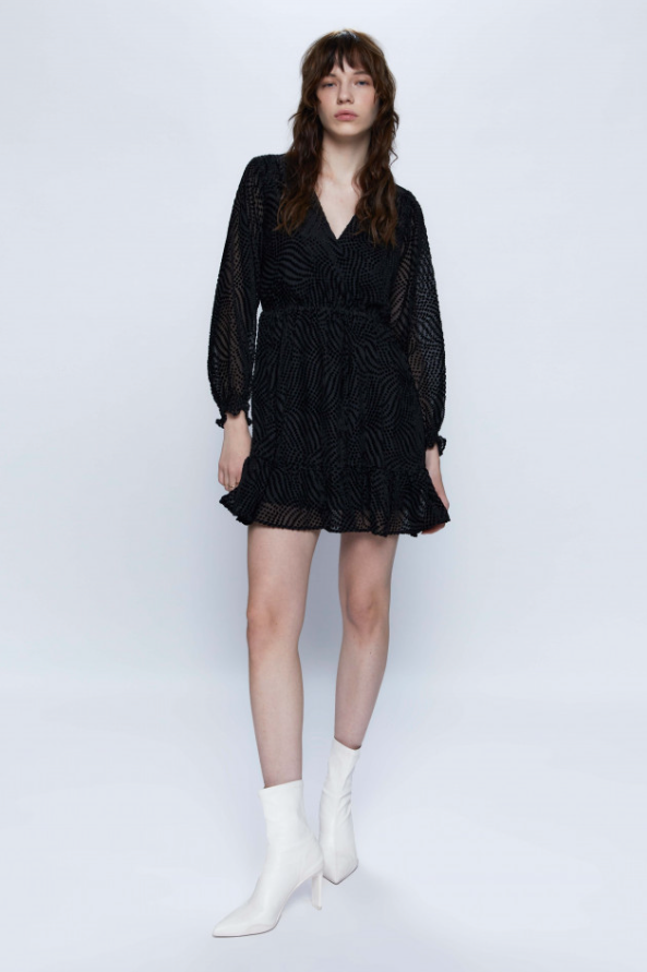 Short Devoré Velvet Wrap Dress - Black