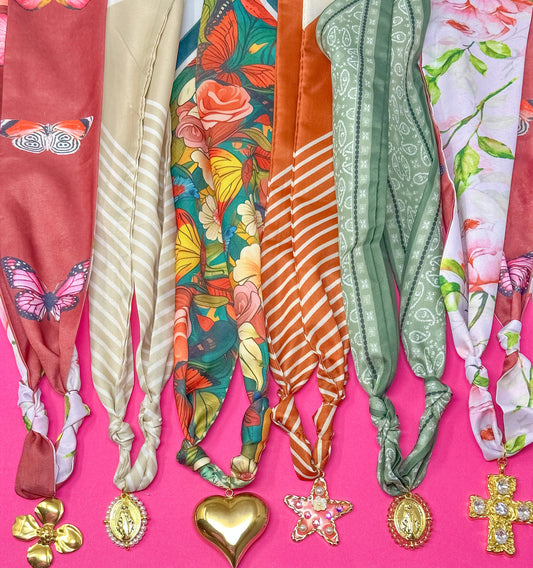 Butterflies, Neutrals, Oranges, Green -Scarf Necklaces