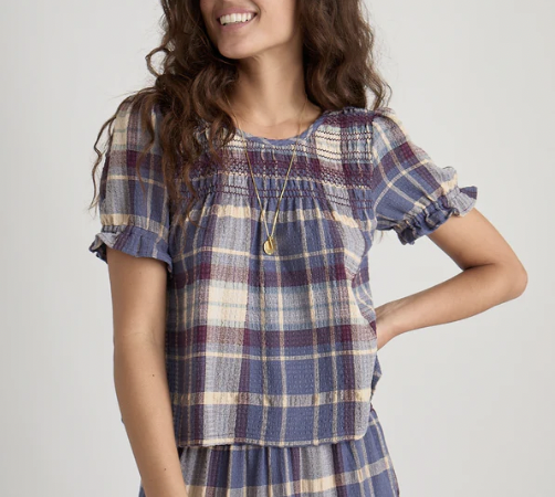 Elena Smocked Top -Dusty Blue Plaid