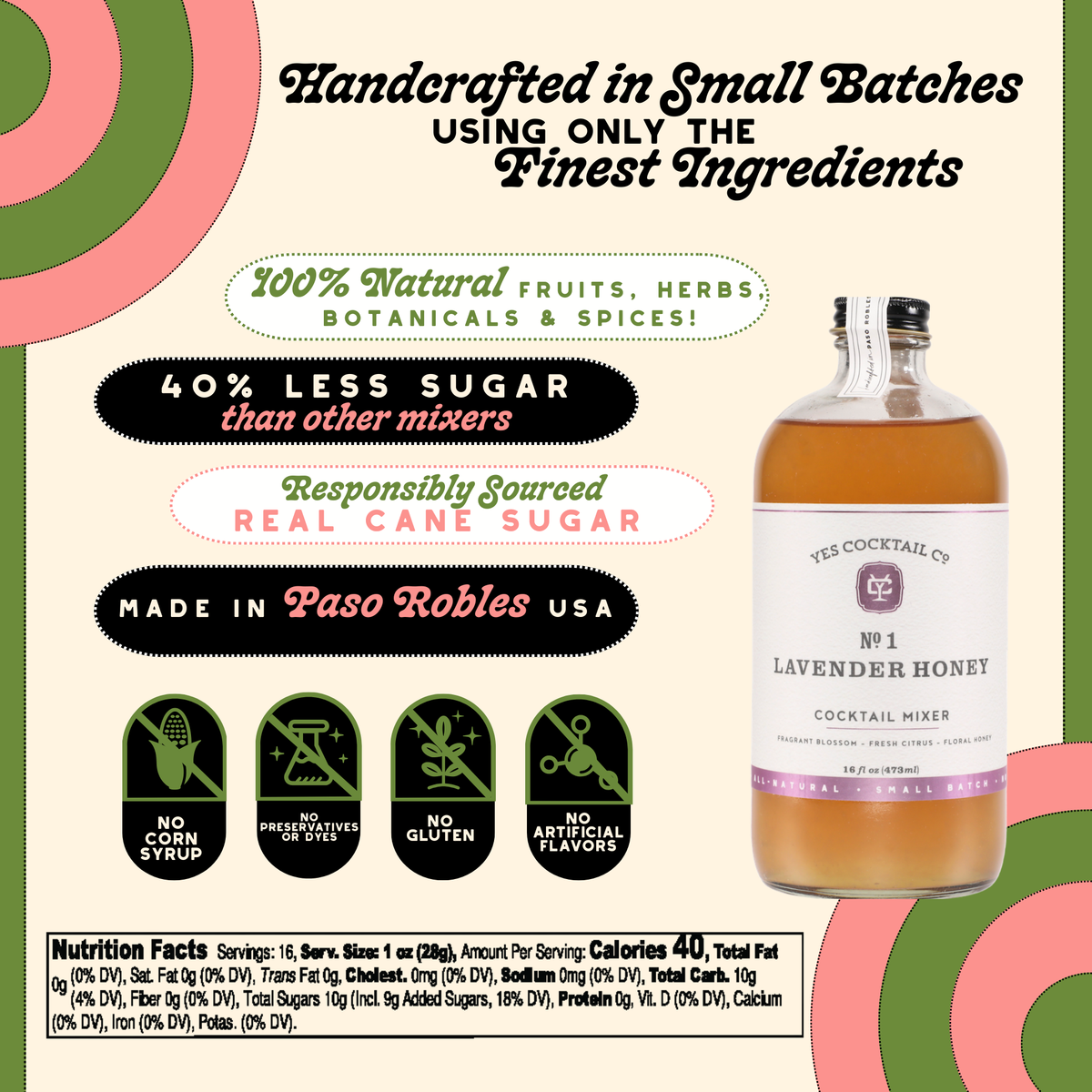 Cocktail mixer bottle with label and promotional text about ingredients and sourcing.