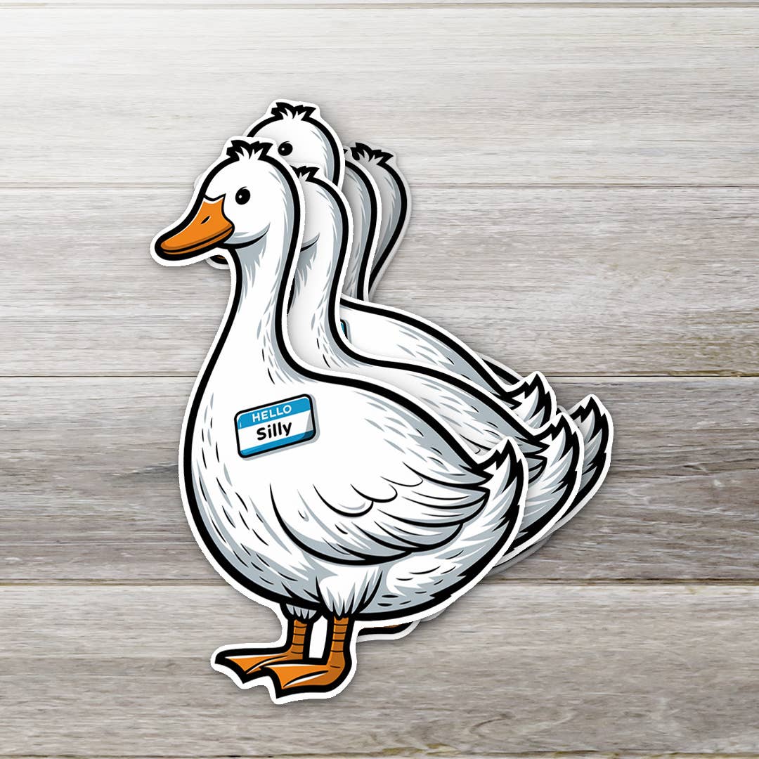 Cartoon duck with a name tag on a wooden background