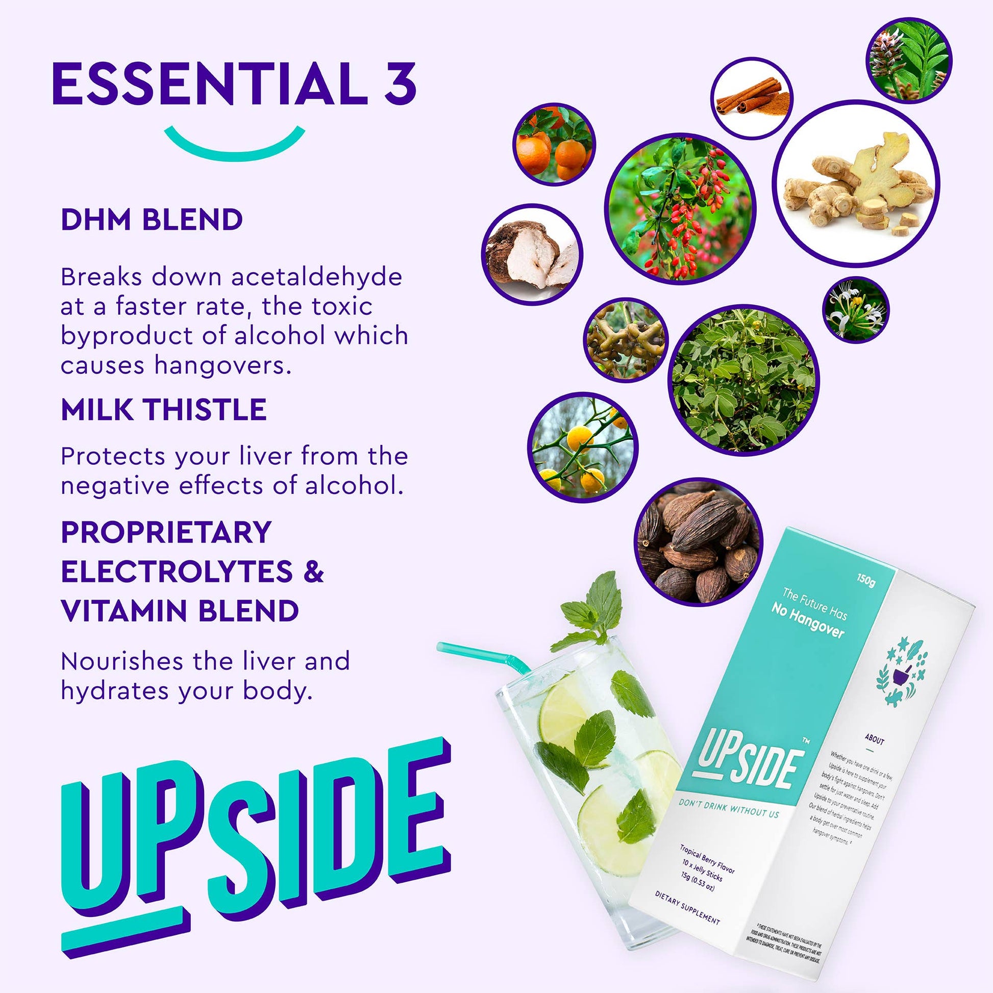 Promotional graphic for 'UPSIDE' product with ingredients and benefits listed on a purple background.