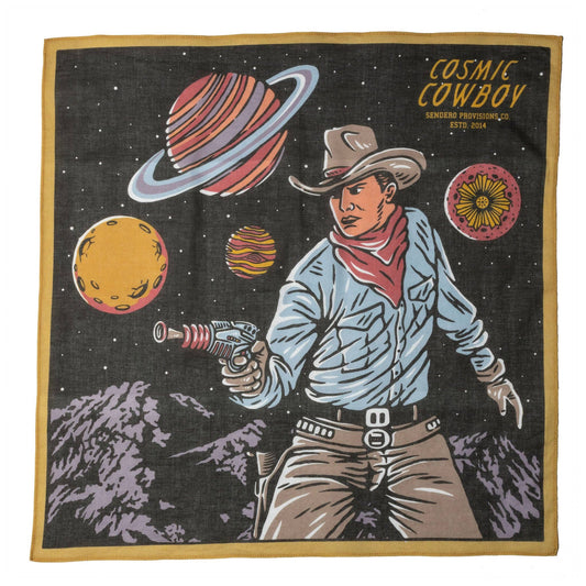 Festive tablecloth with a cowboy and cosmic design, featuring planets and stars.