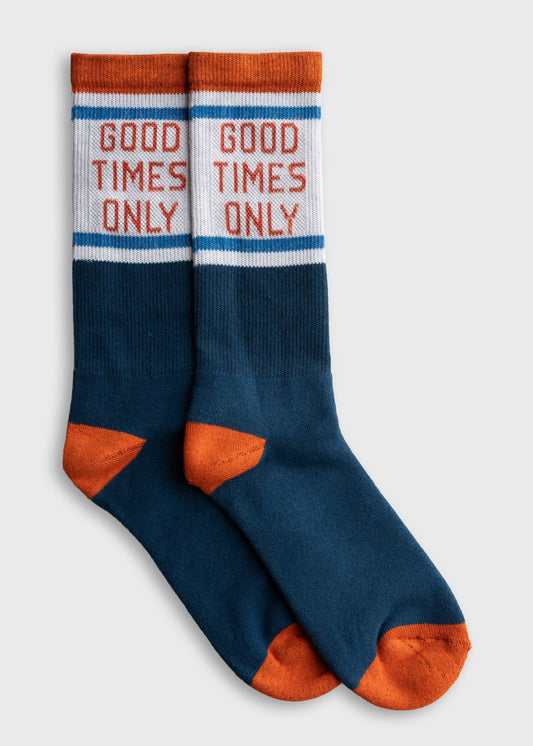 Pair of socks with 'Good Times Only' text on a white background