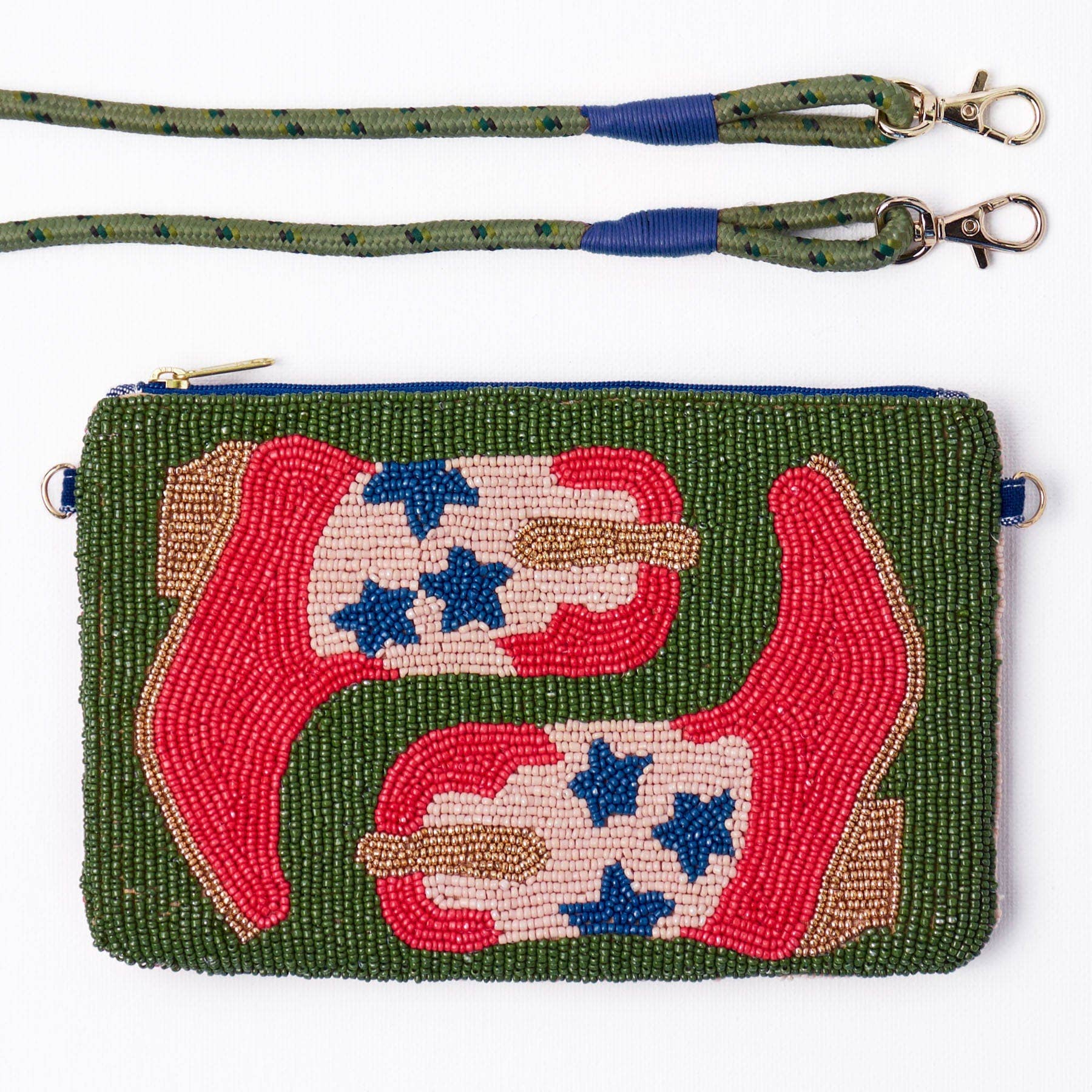 Beaded pouch with red and blue design on a white background