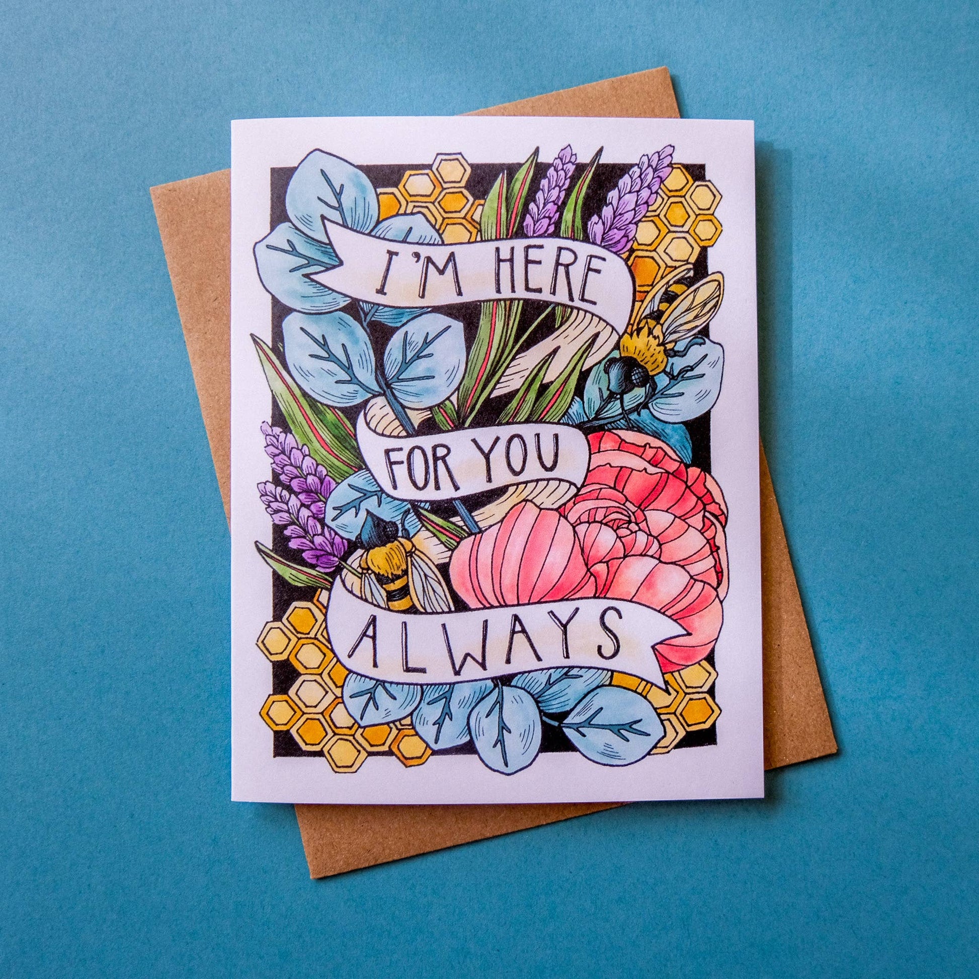 Greeting card with floral design and text on a blue background