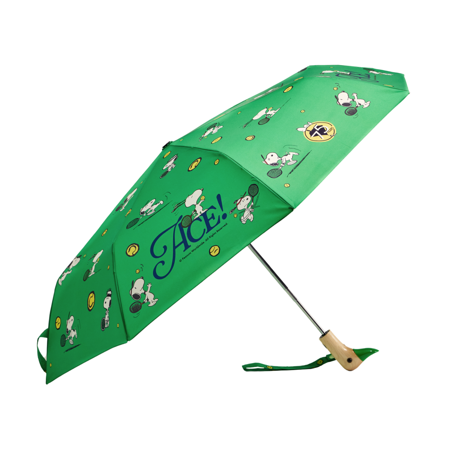 Green umbrella with cartoon character pattern on a white background
