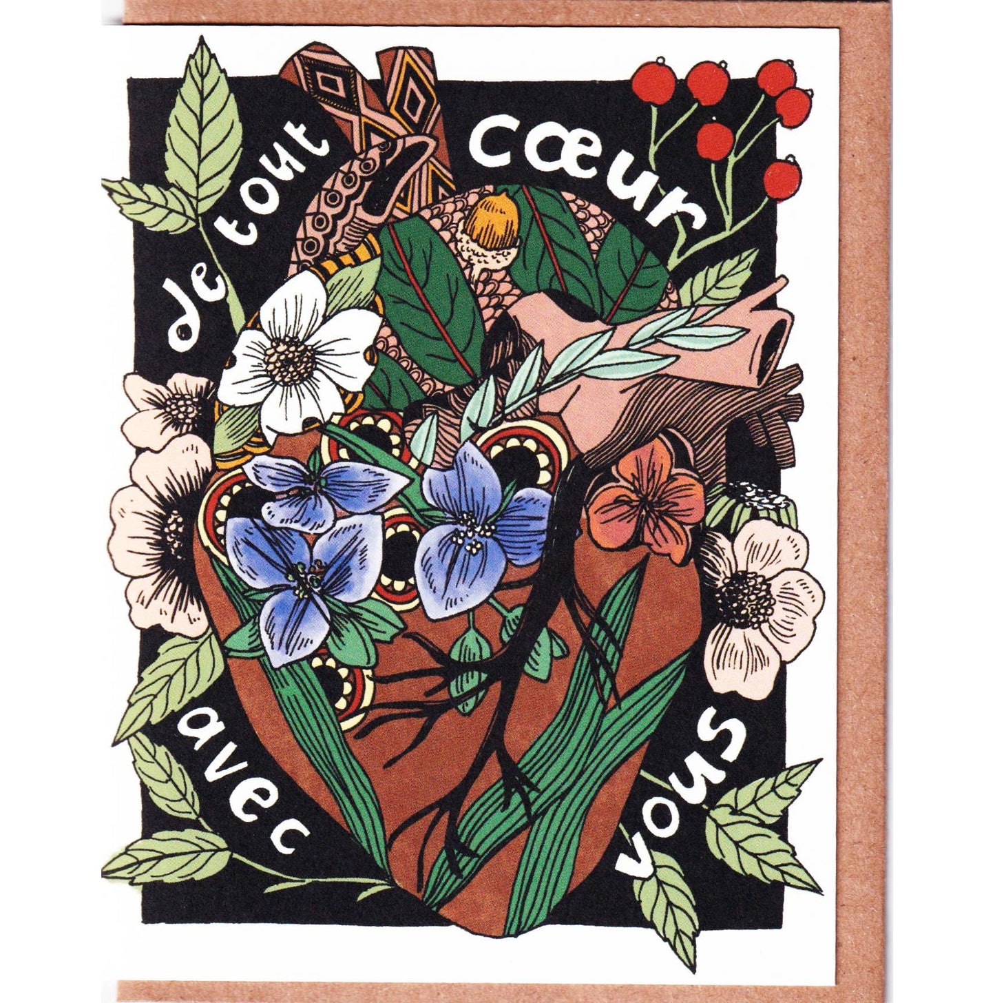Card with floral design and text on a black background