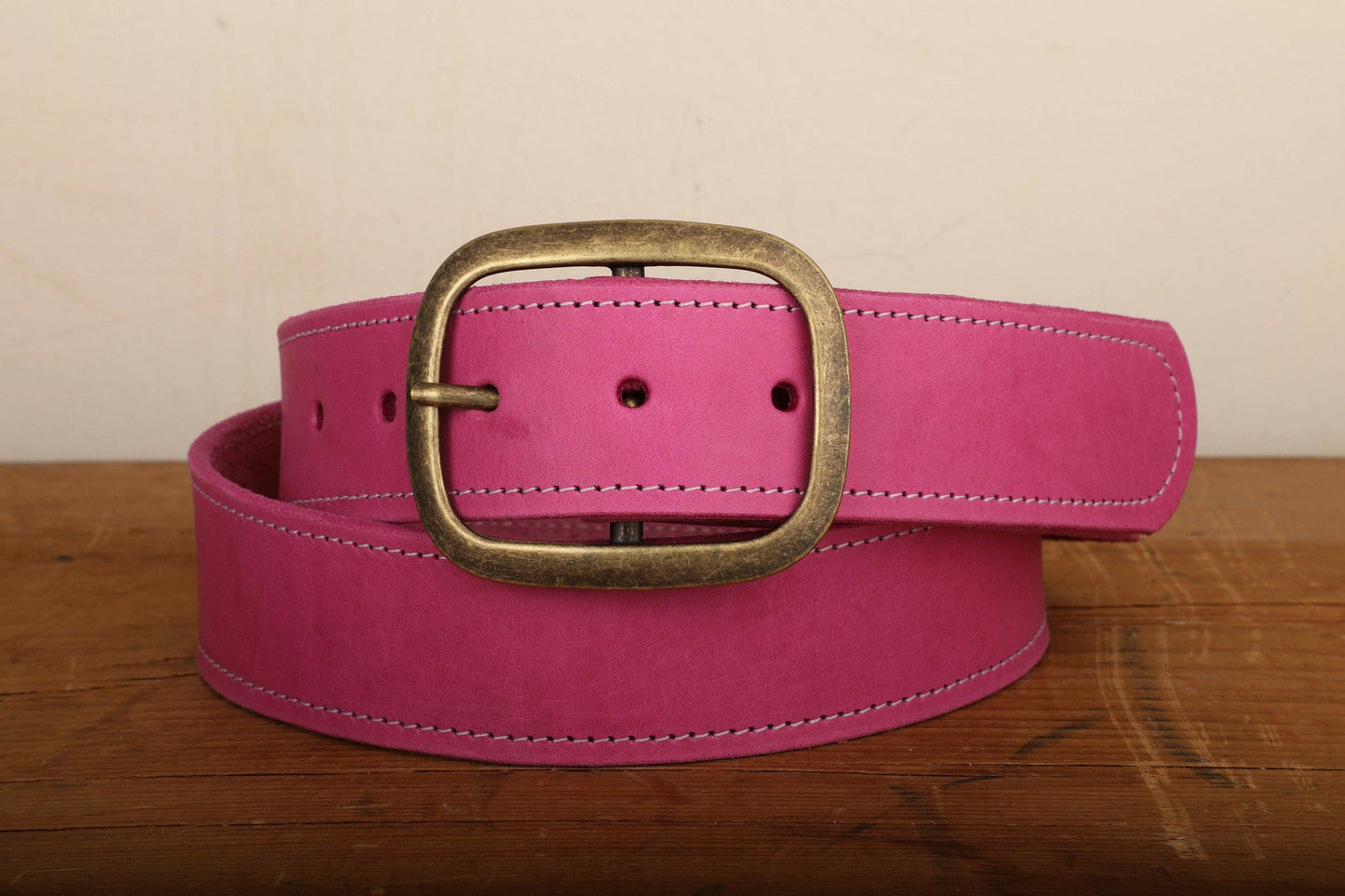 Pink Leather Belt with White Stitch & Antique Gold Tone Brass Buckle