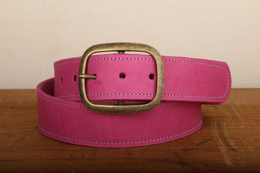 Pink Leather Belt with White Stitch & Antique Gold Tone Brass Buckle