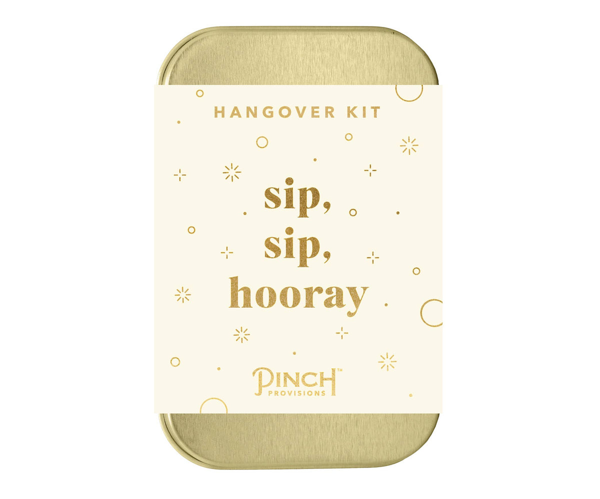 Gold and white hangover kit with 'Hangover Kit' text on a white background