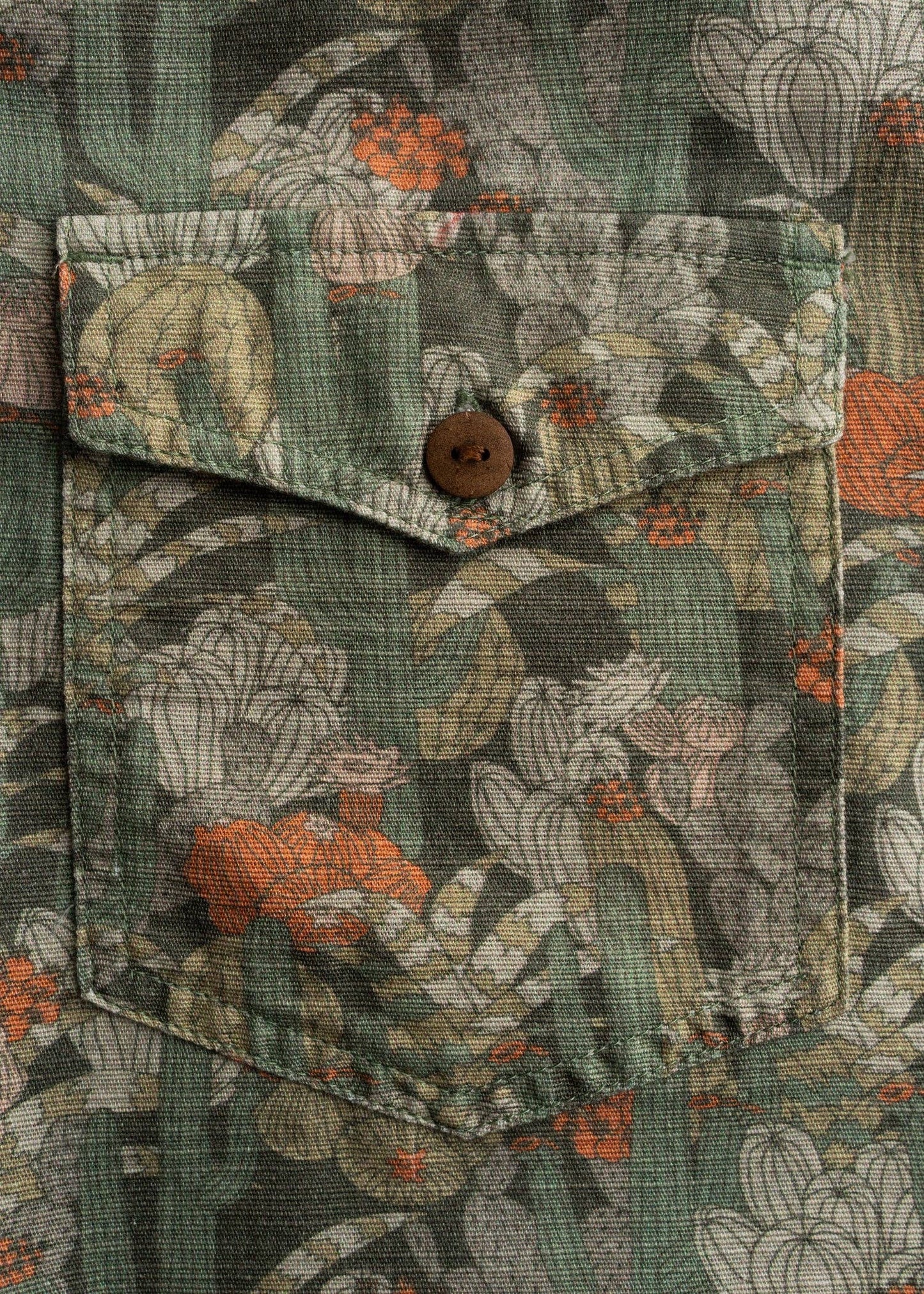 Close-up of a floral patterned shirt with a button and pocket.