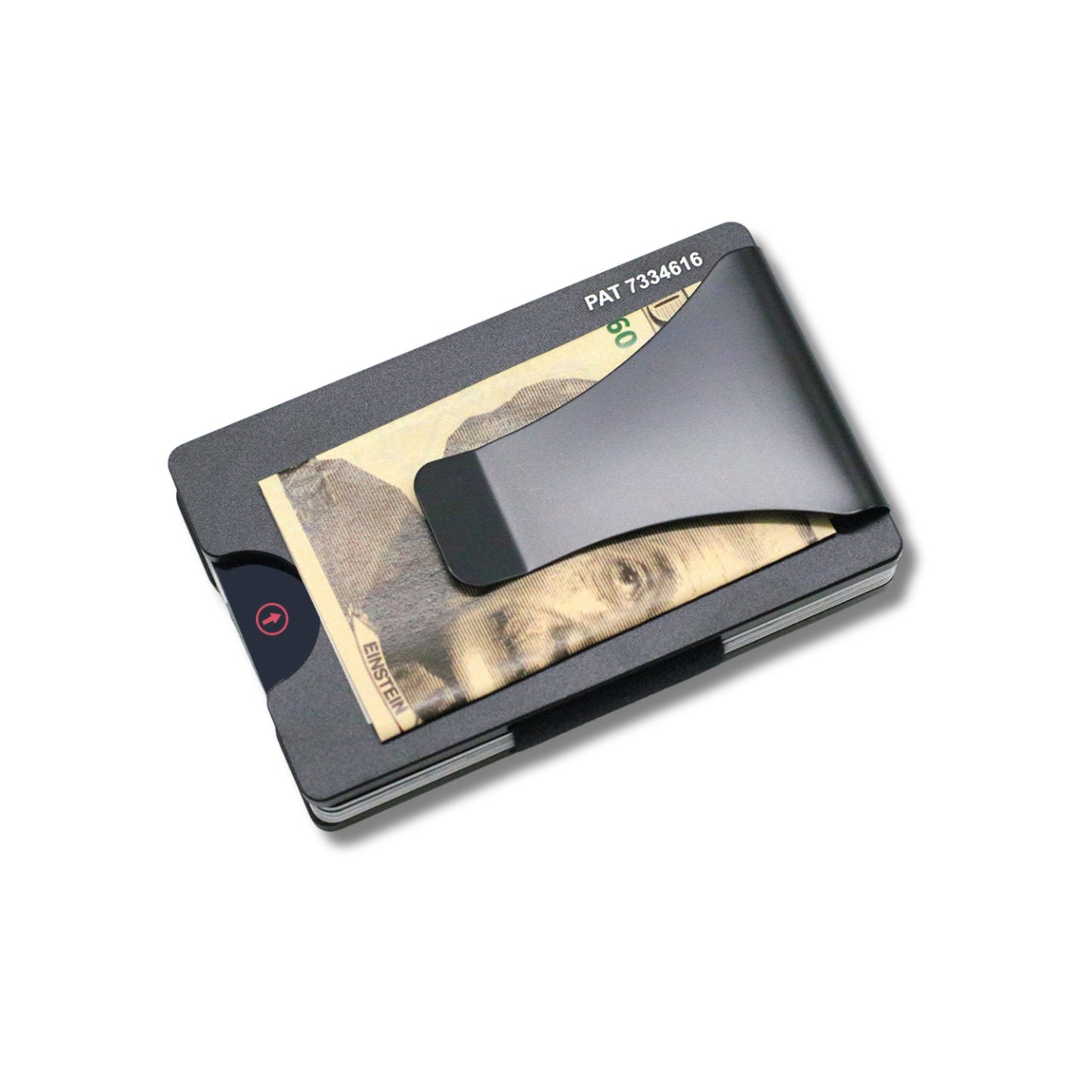 Metallic wallet with a card slot and money clip on a white background