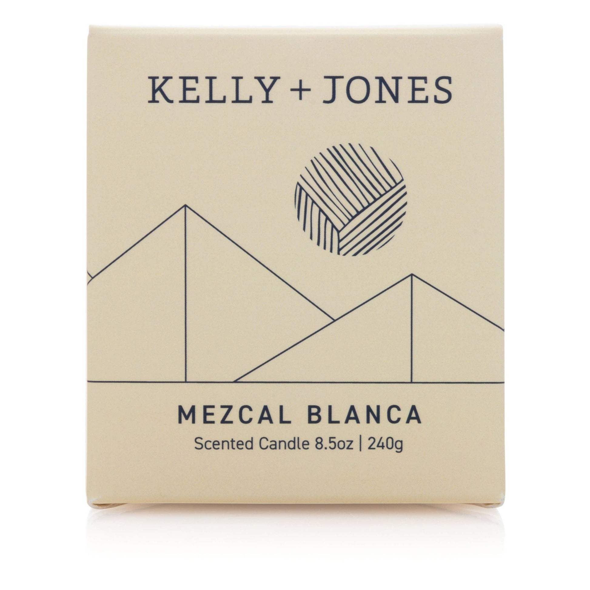 Beige candle packaging with 'Kelly + Jones' branding and 'Mezcal Blanca' scent on a white background.