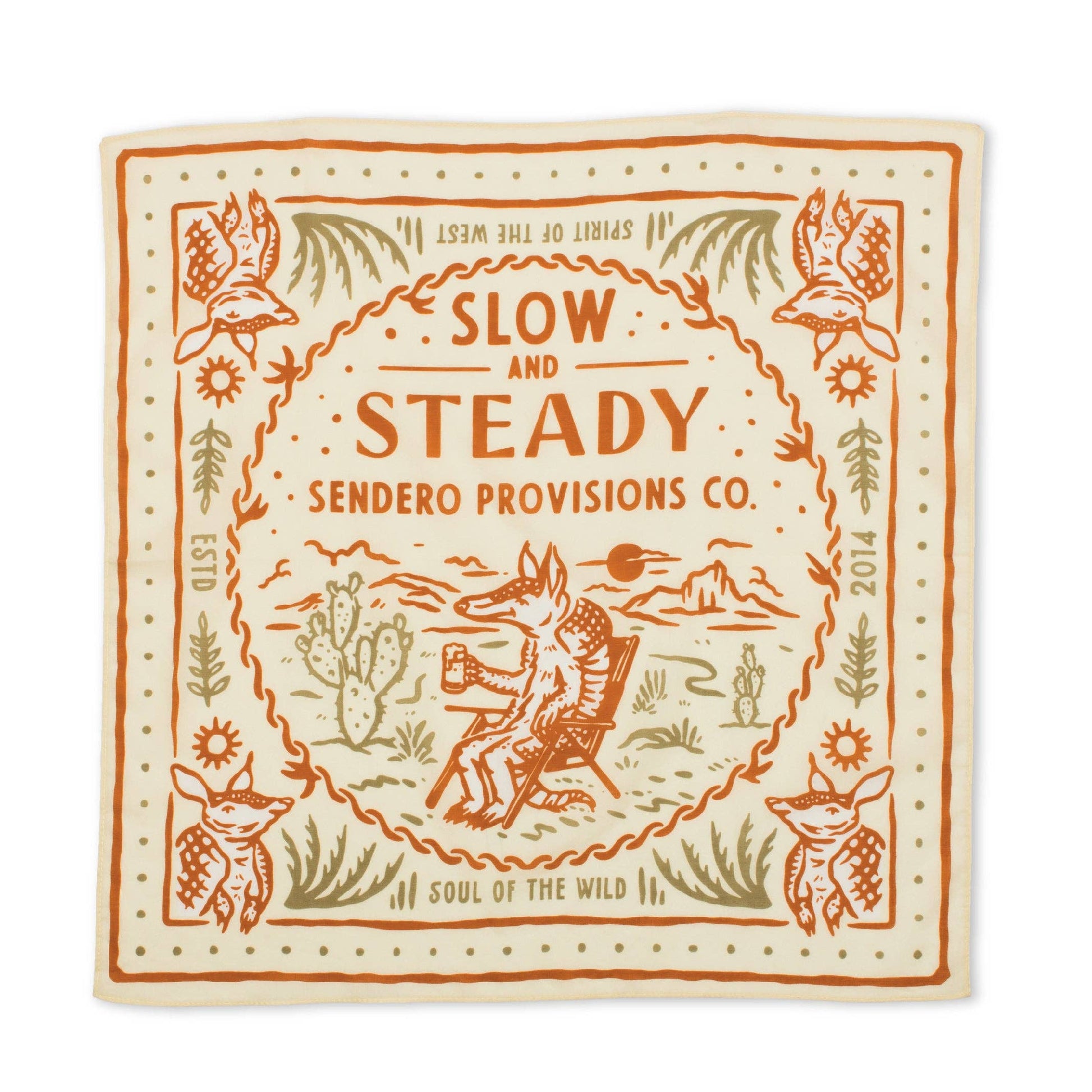 Bandana with 'Slow and Steady' text and Sendero Provisions Co. branding on a white background