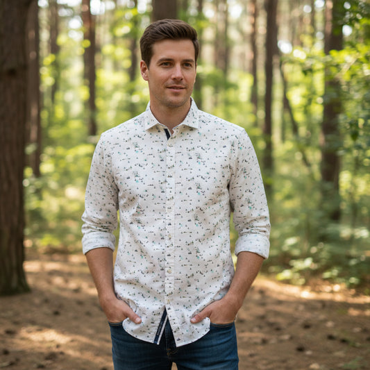 Long sleeve modern-fit shirt with allover pine tree and mountain print, spread collar, and Mother of Pearl buttons, made from Egyptian cotton.