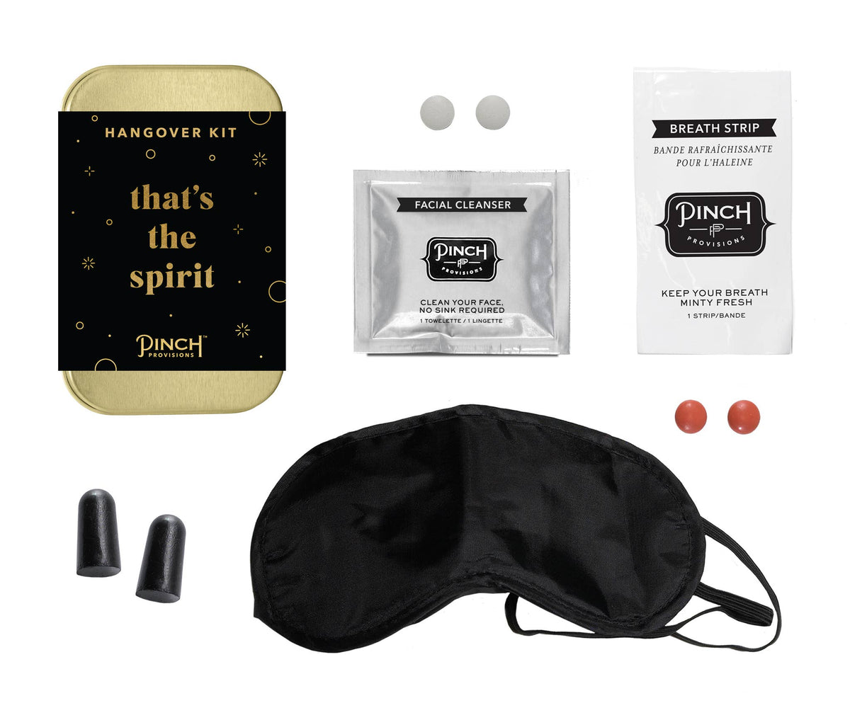 Hangover kit with various items including a sleep mask, facial cleanser, and breath strip on a white background.