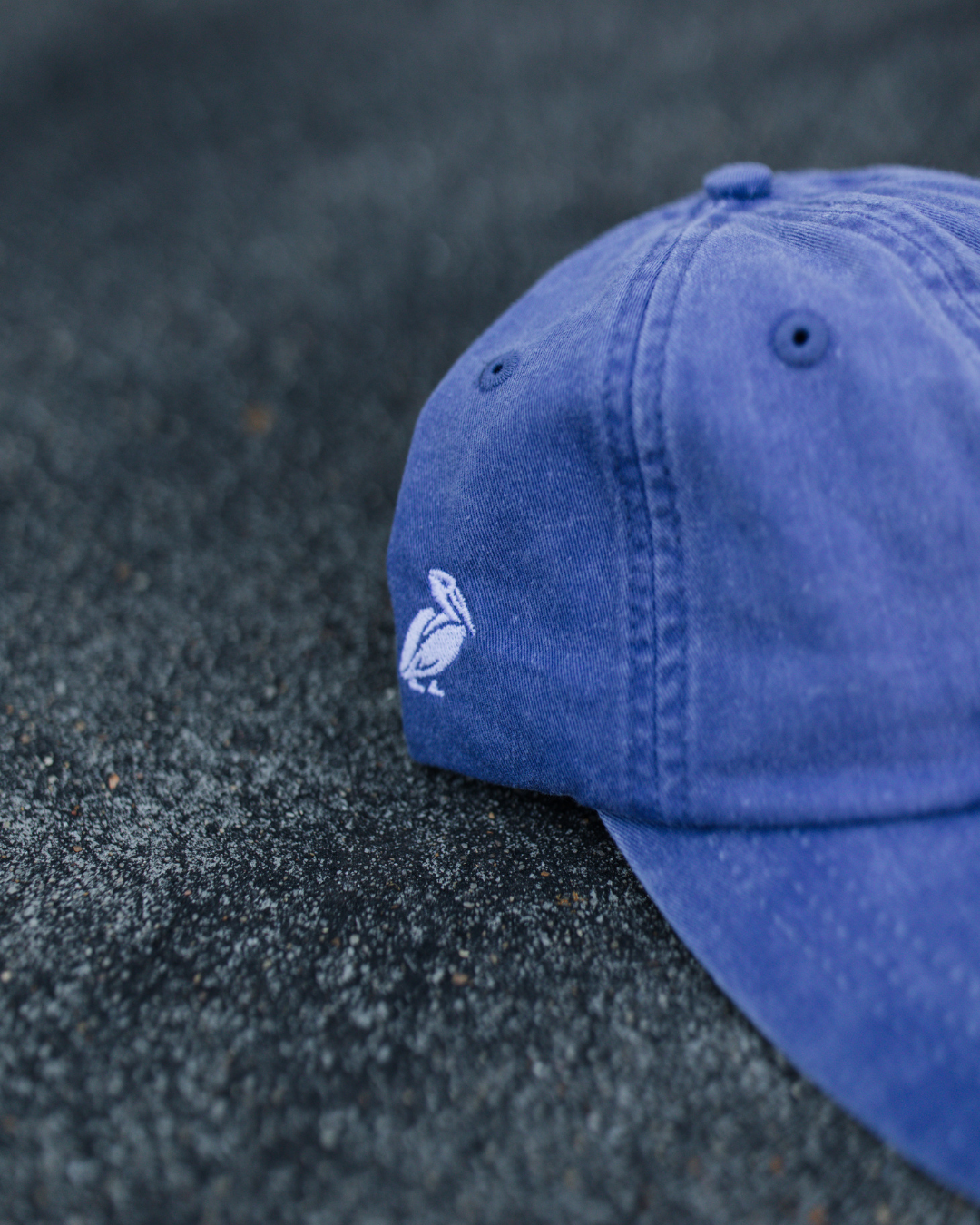 Blue cap with a logo on a dark textured surface