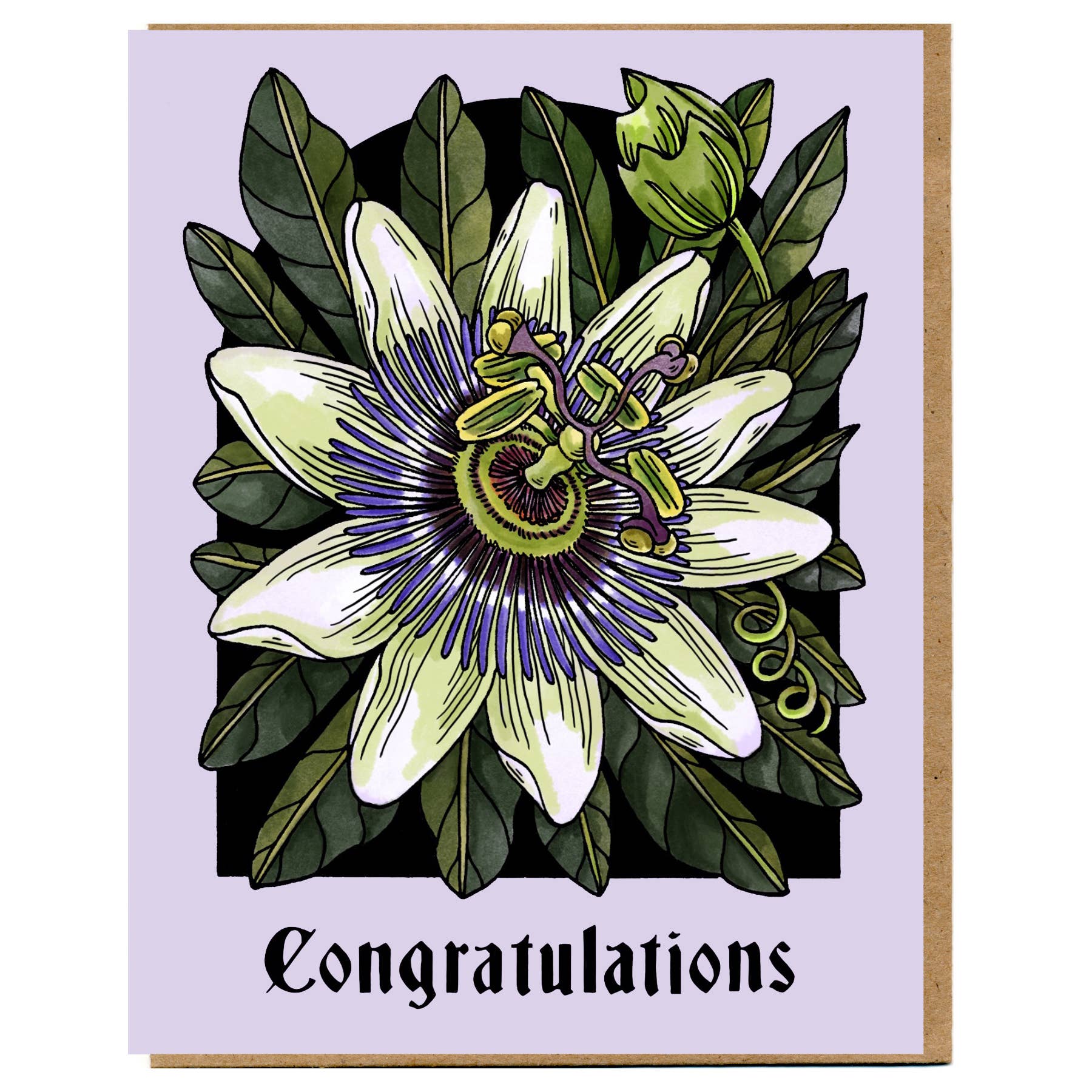 Greeting card with aPassionflower illustration and 'Congratulations' text on a purple background