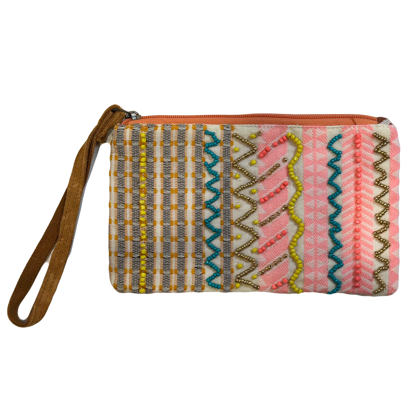 Colorful woven clutch with a brown strap on a white background