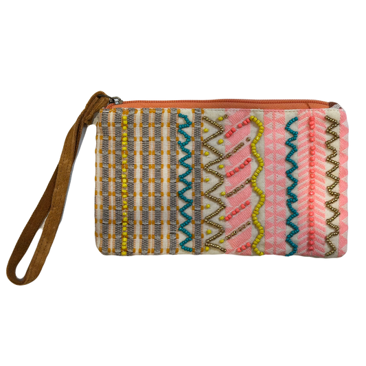Colorful woven clutch with a brown strap on a white background