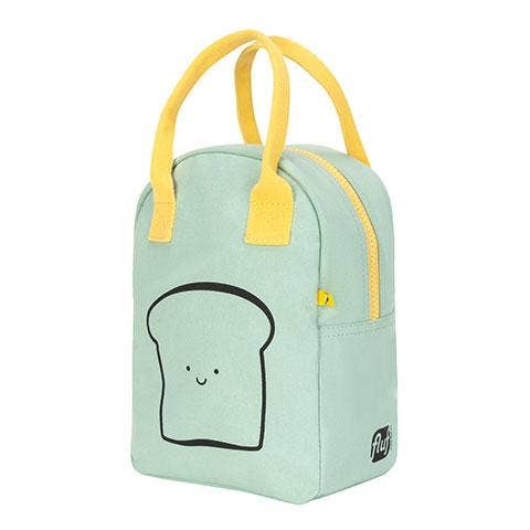A mint green canvas lunch bag with yellow handles and zipper trim, featuring a cute black line-art toast graphic on the front and a small 'Puff' brand logo near the bottom right.