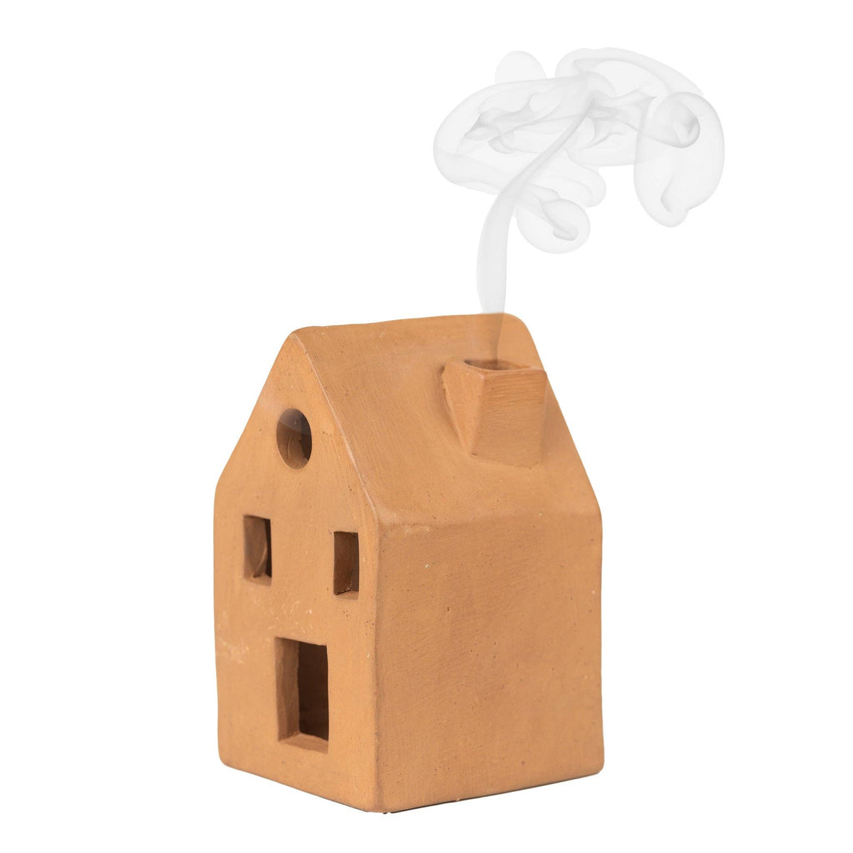 Terracotta-colored house-shaped incense burner 
