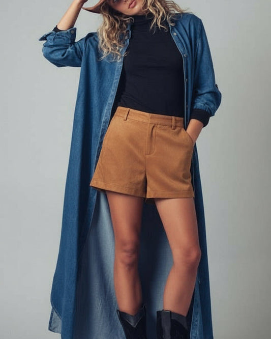 Woman wearing a long denim jacket, black top, maroon shorts, and black boots against a gray background