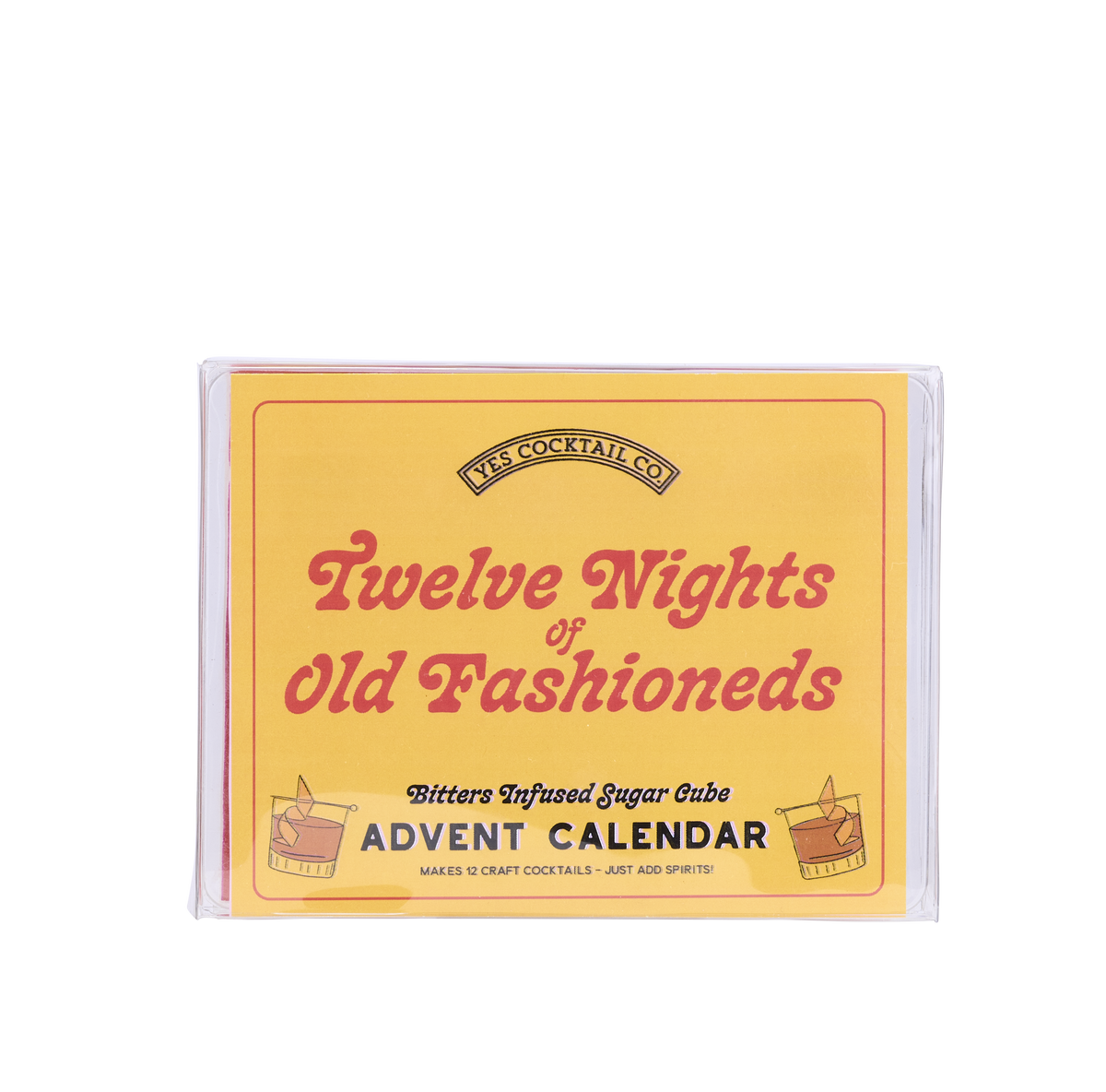 Advent calendar for cocktail sugar cubes with a yellow and red design on a white background