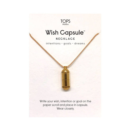 Gold 'Wish Capsule' necklace on a white background with TOPS Malibu branding.