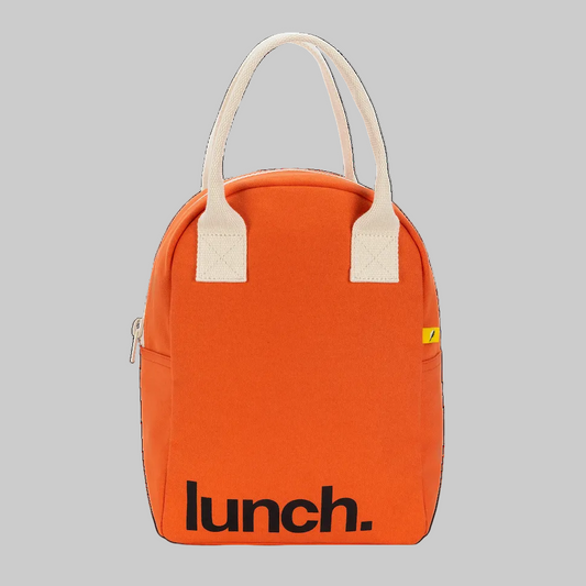 Orange lunch bag with 'lunch.' text on a white background