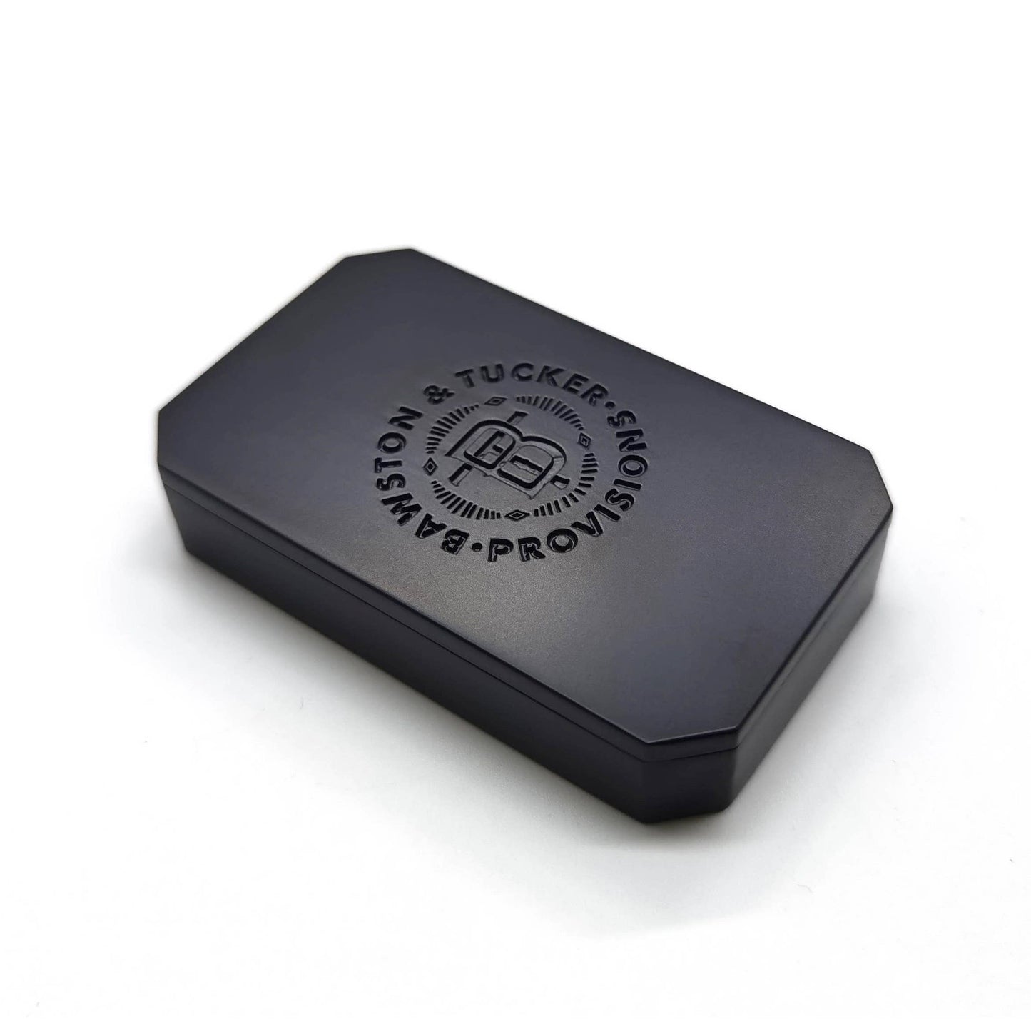 Black rectangular box with branding on a white background