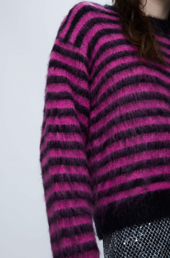Striped Knit Sweater - Fuchsia/Black