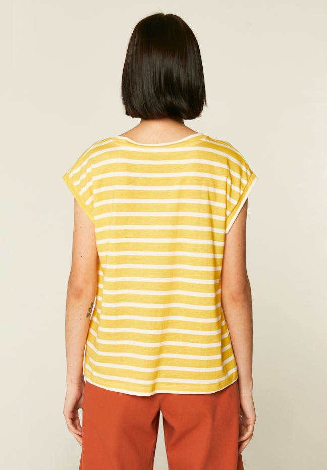 Striped Cap Sleeve T-shirt - Yellow/White