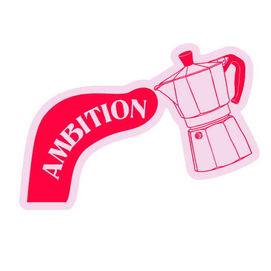 Pink coffee maker with 'Ambition' text on a white background