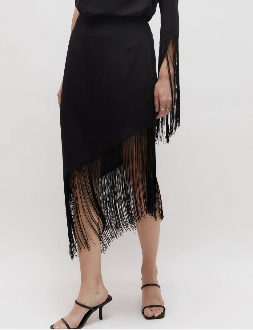 Asymetrical Midi Fringe Skirt - Black